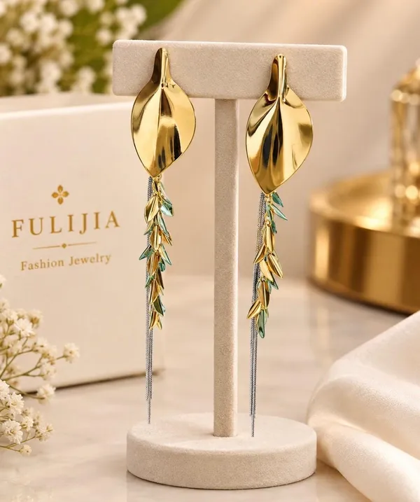 Gold-Plated_Leaf_Design_Long_Tassel_Dangle_Earrings