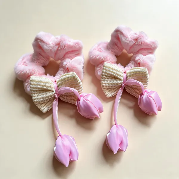 Pink_Cotton_Plush_Bow_Hair_Scrunchie_For_Women_Pack_Of_2