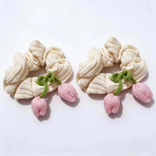 Cream_Cotton_Knitted_Strawberry_Charm_Scrunchie_For_Women_Pack_Of_2