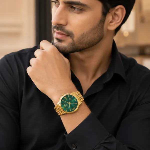 Gold_Stainless_Steel_Mesh_Roman_Numeral_Analog_Wrist_Watch_For_Men