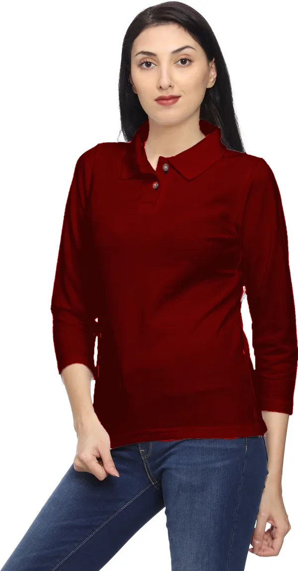 Maroon_Long_Sleeve_Polo_T-Shirt_for_Women