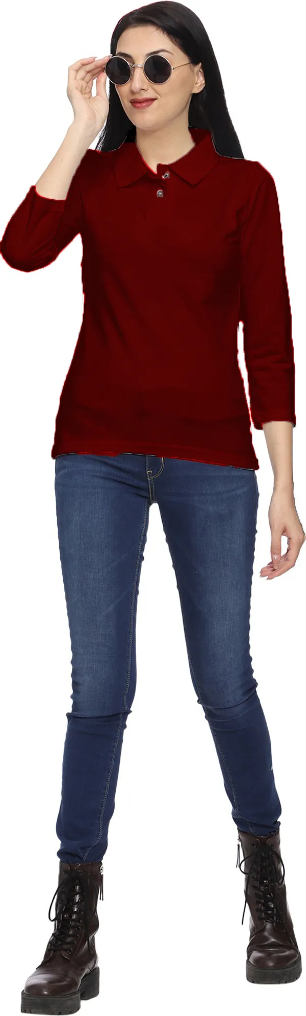 Maroon_Long_Sleeve_Polo_T-Shirt_for_Women