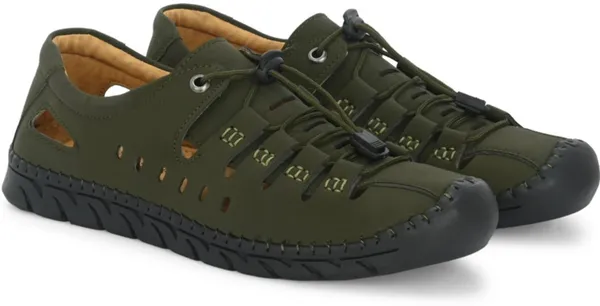 Olive_Green_Synthetic_Leather_Cutout_Lace-Up_Sandals_For_Men