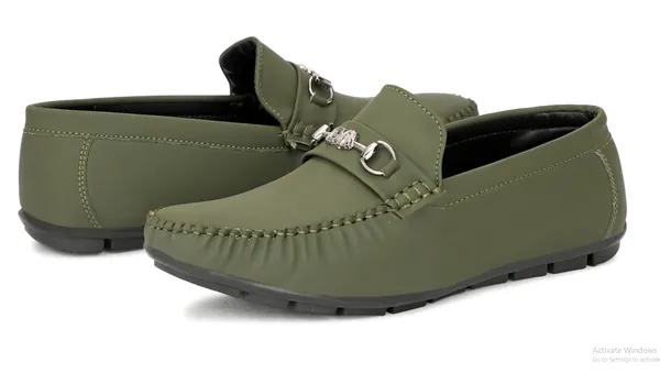 Olive_Green_Synthetic_Leather_Bit_Detail_Loafers_For_Men