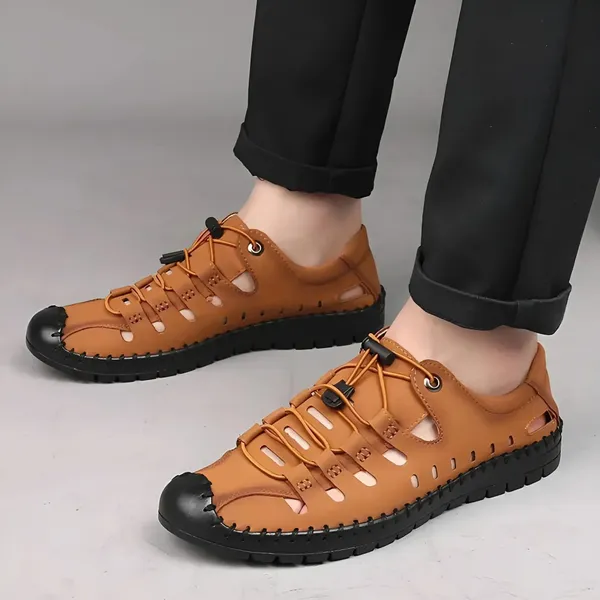 Tan_Synthetic_Leather_Closed_Toe_Sandals_For_Men