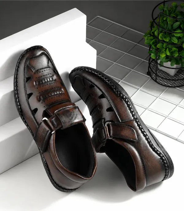 Brown_Synthetic_Leather_Buckle_Strap_Sandals_For_Men