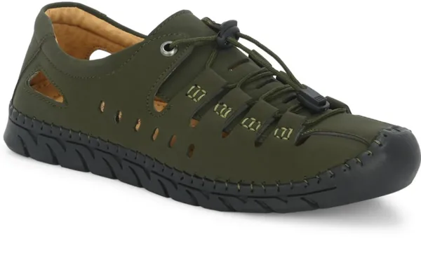 Olive_Green_Synthetic_Leather_Cutout_Lace-Up_Sandals_For_Men