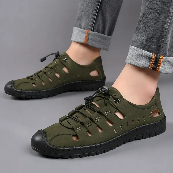 Olive_Green_Synthetic_Leather_Cutout_Lace-Up_Sandals_For_Men