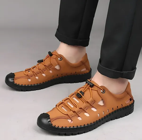Tan_Synthetic_Leather_Closed_Toe_Sandals_For_Men