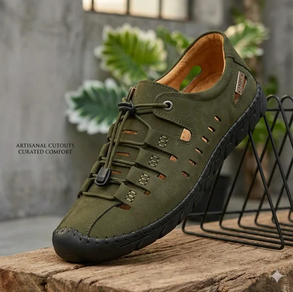 Olive_Green_Synthetic_Leather_Cutout_Lace-Up_Sandals_For_Men