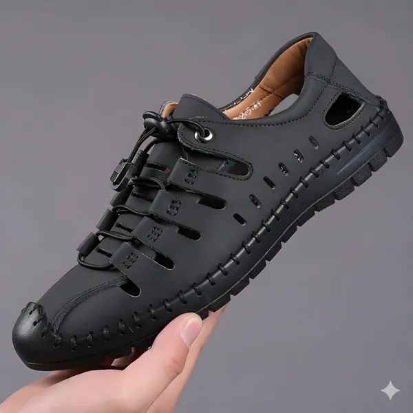 Black_Synthetic_Leather_Closed_Toe_Sandals_For_Men