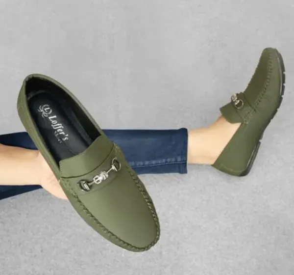 Olive_Green_Synthetic_Leather_Bit_Detail_Loafers_For_Men