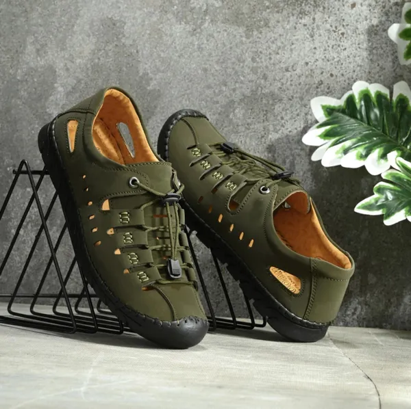 Olive_Green_Synthetic_Leather_Cutout_Lace-Up_Sandals_For_Men