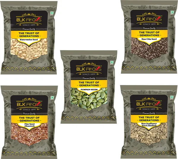 BLK_FOODS_Combo_of_All_Seeds_Pack-_Chia,_Pumpkin,_Sunflower,_Flax,_Watermelon_200gm_each_Brown_Flax_Seeds,_Chia_Seeds,_Pumpkin_Seeds,_Sunflower_Seeds,_Watermelon_Seeds_(5_x_200_g)