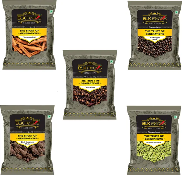 BLK_FOODS_Spice_Combo_(Black_Pepper_+_Clove_+_Cinnamon_+_Black_Cardamom_+_Green_Cardamom)_(5_x_50_g)