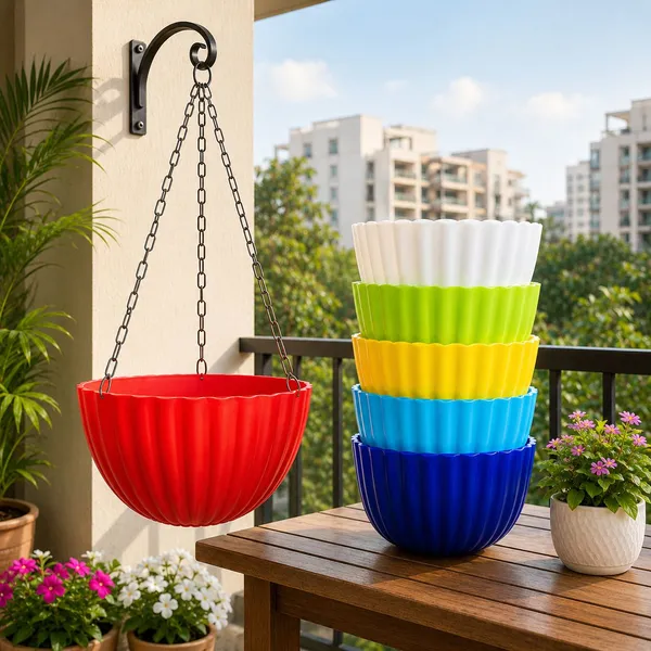 Hanging_Flower_Pots_With_Black_Metal_Chain_Decorative_Plant_Container_Set_(Pack_Of_5,_Plastic)
