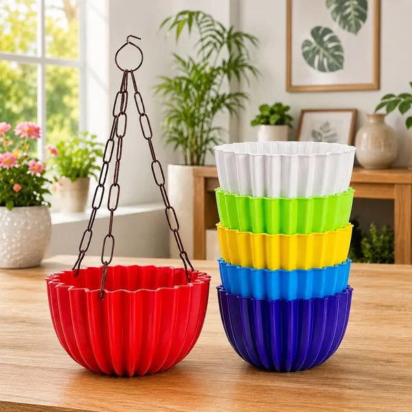 Flower_Pots_With_Black_Metal_Chain_Plant_Container_Set_(Pack_Of_5,_Plastic)
