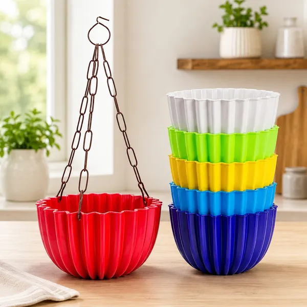 Multicolor_Hanging_Flower_Pots_With_Black_Metal_Chain_Plant_Container_Set_(Pack_Of_5,_Plastic)