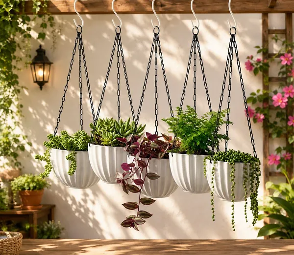 White_Colour_5_Umbrella_Plastic_Hanging_Planter_Pots_Plant_Container_Set_(Pack_Of_5,_Plastic)