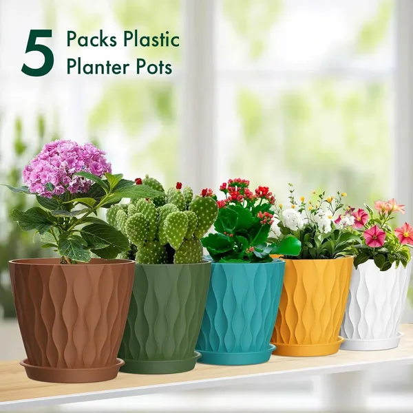 4"_Small_Plastic_Nursery_Pots_Drainage_Hole_&_Tray_Saucer,Flower_Pots_For_Indoor_Plant_Container_Set_(Pack_Of_5,_Plastic)