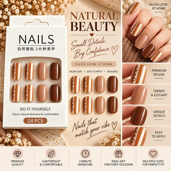 24_Pcs_Brown_Nude_Press_On_Nails_For_Women_Glossy_Coffee_Brown_Artificial_Nails_With_Elegant_Striped_Accent_Design_Stylish_Diy_Fake_Nail_Set_For_Party_Office_And_Everyday_Wear