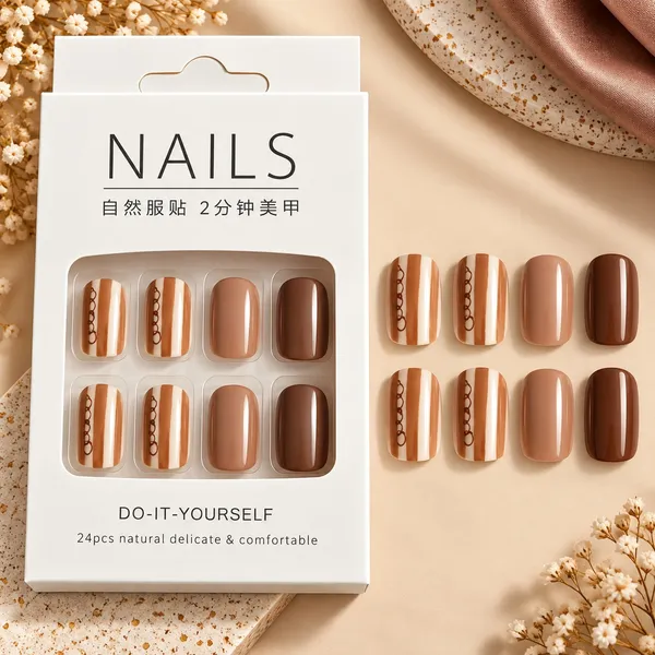 24_Pcs_Brown_Nude_Press_On_Nails_For_Women_Glossy_Coffee_Brown_Artificial_Nails_With_Elegant_Striped_Accent_Design_Stylish_Diy_Fake_Nail_Set_For_Party_Office_And_Everyday_Wear