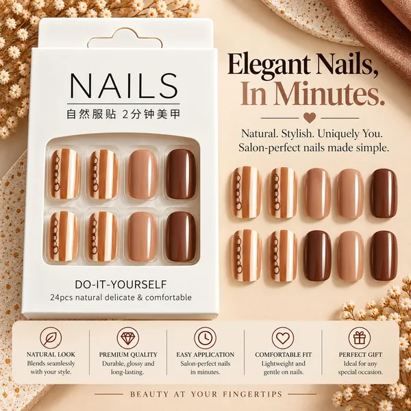 24_Pcs_Brown_Nude_Press_On_Nails_For_Women_Glossy_Coffee_Brown_Artificial_Nails_With_Elegant_Striped_Accent_Design_Stylish_Diy_Fake_Nail_Set_For_Party_Office_And_Everyday_Wear
