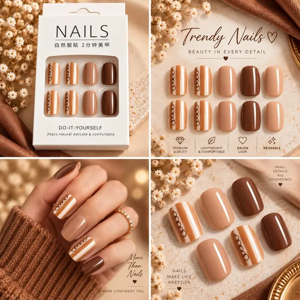 24_Pcs_Brown_Nude_Press_On_Nails_For_Women_Glossy_Coffee_Brown_Artificial_Nails_With_Elegant_Striped_Accent_Design_Stylish_Diy_Fake_Nail_Set_For_Party_Office_And_Everyday_Wear