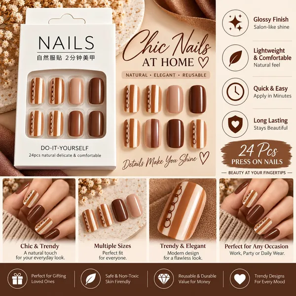 24_Pcs_Brown_Nude_Press_On_Nails_For_Women_Glossy_Coffee_Brown_Artificial_Nails_With_Elegant_Striped_Accent_Design_Stylish_Diy_Fake_Nail_Set_For_Party_Office_And_Everyday_Wear
