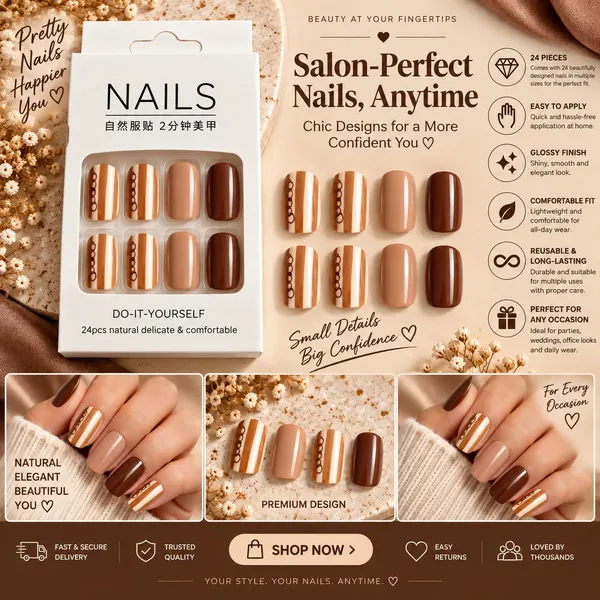 24_Pcs_Brown_Nude_Press_On_Nails_For_Women_Glossy_Coffee_Brown_Artificial_Nails_With_Elegant_Striped_Accent_Design_Stylish_Diy_Fake_Nail_Set_For_Party_Office_And_Everyday_Wear