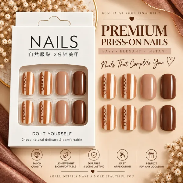 24_Pcs_Brown_Nude_Press_On_Nails_For_Women_Glossy_Coffee_Brown_Artificial_Nails_With_Elegant_Striped_Accent_Design_Stylish_Diy_Fake_Nail_Set_For_Party_Office_And_Everyday_Wear