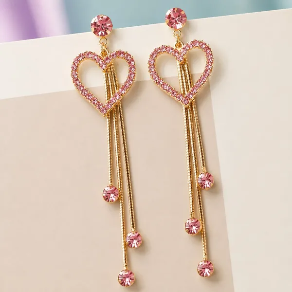 Elegant_Pink_Heart_Drop_Earrings_For_Women_Gold_Tone_Long_Chain_Dangle_Earrings_With_Rhinestone_Heart_Design_And_Pink_Crystal_Charms_Trendy_Party_Wear_Fashion_Jewellery
