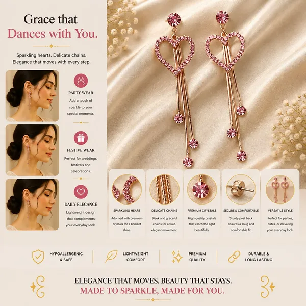 Elegant_Pink_Heart_Drop_Earrings_For_Women_Gold_Tone_Long_Chain_Dangle_Earrings_With_Rhinestone_Heart_Design_And_Pink_Crystal_Charms_Trendy_Party_Wear_Fashion_Jewellery