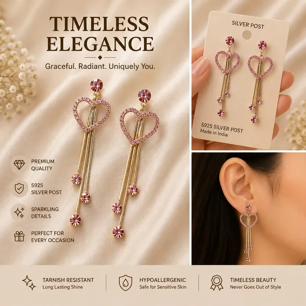 Elegant_Pink_Heart_Drop_Earrings_For_Women_Gold_Tone_Long_Chain_Dangle_Earrings_With_Rhinestone_Heart_Design_And_Pink_Crystal_Charms_Trendy_Party_Wear_Fashion_Jewellery