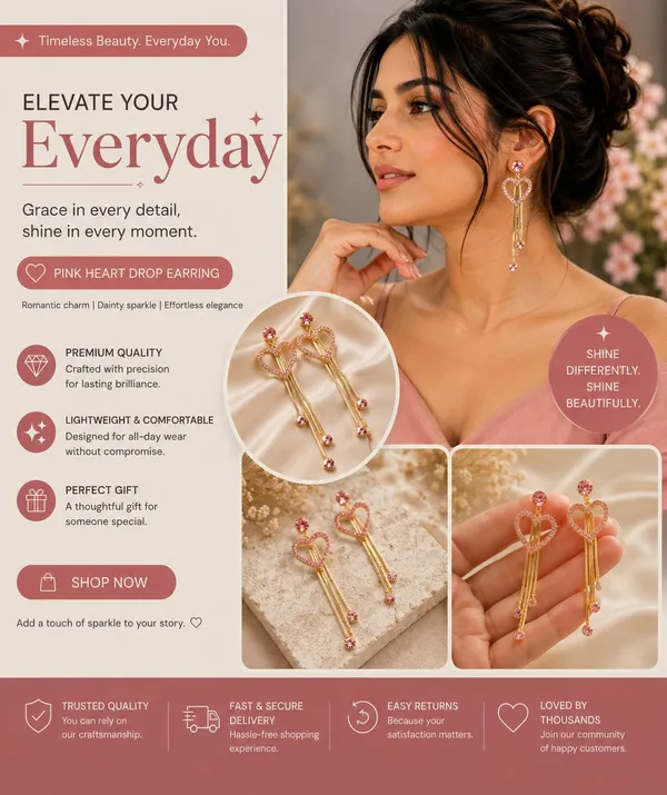 Elegant_Pink_Heart_Drop_Earrings_For_Women_Gold_Tone_Long_Chain_Dangle_Earrings_With_Rhinestone_Heart_Design_And_Pink_Crystal_Charms_Trendy_Party_Wear_Fashion_Jewellery