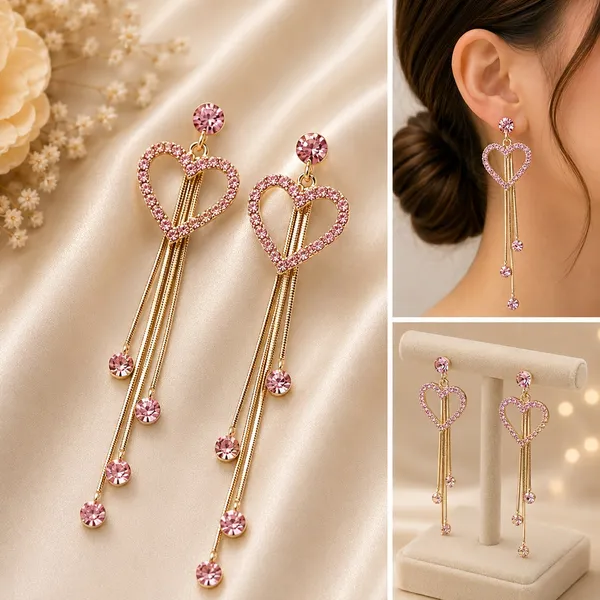 Elegant_Pink_Heart_Drop_Earrings_For_Women_Gold_Tone_Long_Chain_Dangle_Earrings_With_Rhinestone_Heart_Design_And_Pink_Crystal_Charms_Trendy_Party_Wear_Fashion_Jewellery