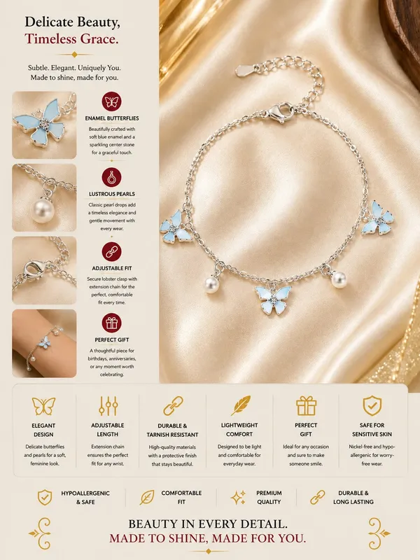 Elegant_Silver_Tone_Butterfly_Charm_Bracelet_For_Women_With_Blue_Enamel_Butterfly_Charms_Pearl_Dangle_Accents_And_Delicate_Chain_Design_Adjustable_Fashion_Jewellery_For_Party_Casual_Festive_And_Everyday_Wear
