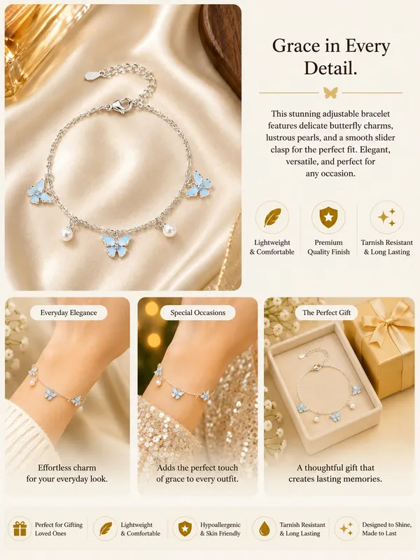 Elegant_Silver_Tone_Butterfly_Charm_Bracelet_For_Women_With_Blue_Enamel_Butterfly_Charms_Pearl_Dangle_Accents_And_Delicate_Chain_Design_Adjustable_Fashion_Jewellery_For_Party_Casual_Festive_And_Everyday_Wear