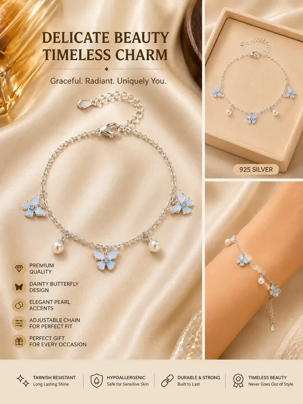 Elegant_Silver_Tone_Butterfly_Charm_Bracelet_For_Women_With_Blue_Enamel_Butterfly_Charms_Pearl_Dangle_Accents_And_Delicate_Chain_Design_Adjustable_Fashion_Jewellery_For_Party_Casual_Festive_And_Everyday_Wear