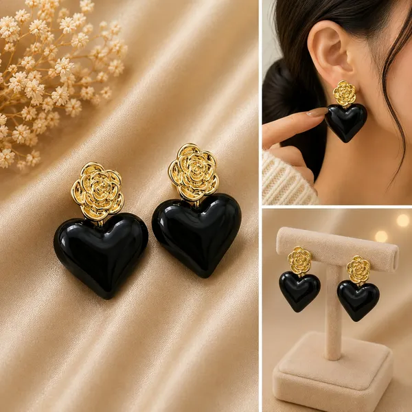 Elegant_Black_Heart_Drop_Earrings_For_Women_Glossy_Heart_Shaped_Design_With_Detailed_Golden_Rose_Studs_Bold_Trendy_Fashion_Jewellery_For_Party_Date_Night_Festive_And_Special_Occasion_Wear