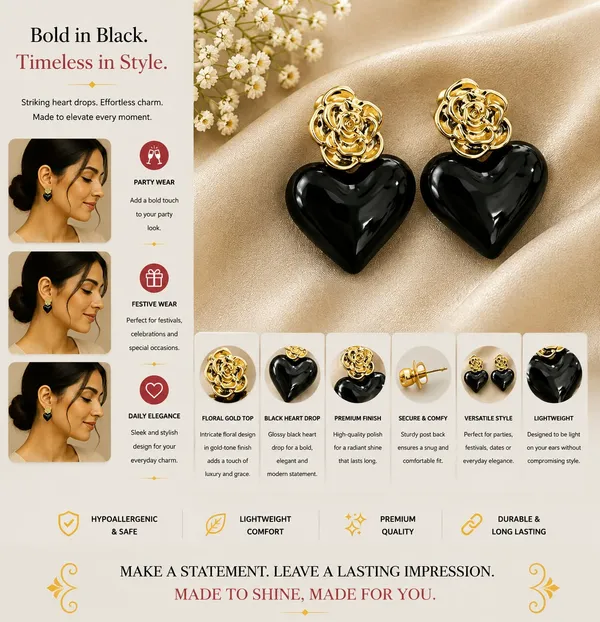 Elegant_Black_Heart_Drop_Earrings_For_Women_Glossy_Heart_Shaped_Design_With_Detailed_Golden_Rose_Studs_Bold_Trendy_Fashion_Jewellery_For_Party_Date_Night_Festive_And_Special_Occasion_Wear
