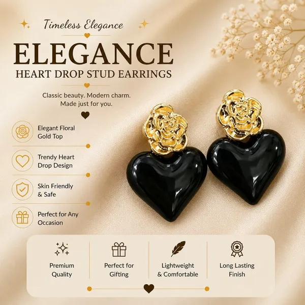 Elegant_Black_Heart_Drop_Earrings_For_Women_Glossy_Heart_Shaped_Design_With_Detailed_Golden_Rose_Studs_Bold_Trendy_Fashion_Jewellery_For_Party_Date_Night_Festive_And_Special_Occasion_Wear