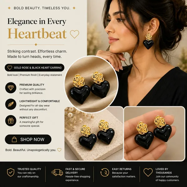 Elegant_Black_Heart_Drop_Earrings_For_Women_Glossy_Heart_Shaped_Design_With_Detailed_Golden_Rose_Studs_Bold_Trendy_Fashion_Jewellery_For_Party_Date_Night_Festive_And_Special_Occasion_Wear