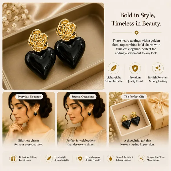 Elegant_Black_Heart_Drop_Earrings_For_Women_Glossy_Heart_Shaped_Design_With_Detailed_Golden_Rose_Studs_Bold_Trendy_Fashion_Jewellery_For_Party_Date_Night_Festive_And_Special_Occasion_Wear