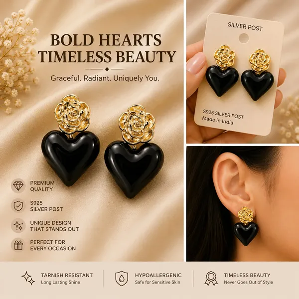 Elegant_Black_Heart_Drop_Earrings_For_Women_Glossy_Heart_Shaped_Design_With_Detailed_Golden_Rose_Studs_Bold_Trendy_Fashion_Jewellery_For_Party_Date_Night_Festive_And_Special_Occasion_Wear