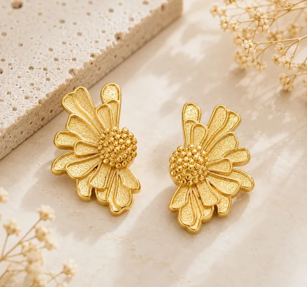Elegant_Gold_Tone_Layered_Flower_Stud_Earrings_For_Women_Textured_Floral_Statement_Jewellery_For_Party_Wedding_Festive_Ethnic_And_Everyday_Wear