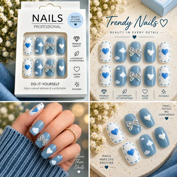 24_Pcs_Blue_Heart_Bow_Press_On_Nails_For_Women_Cute_Cloud_Heart_Iridescent_Bow_Design_Artificial_Nails_Glossy_Trendy_Diy_Manicure_Nail_Set