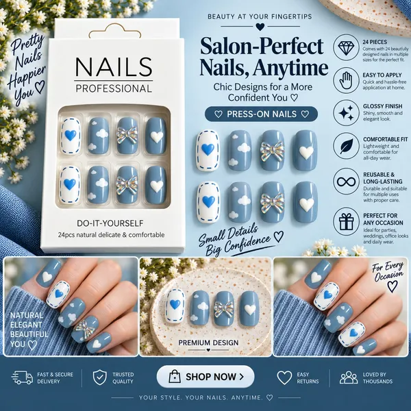 24_Pcs_Blue_Heart_Bow_Press_On_Nails_For_Women_Cute_Cloud_Heart_Iridescent_Bow_Design_Artificial_Nails_Glossy_Trendy_Diy_Manicure_Nail_Set