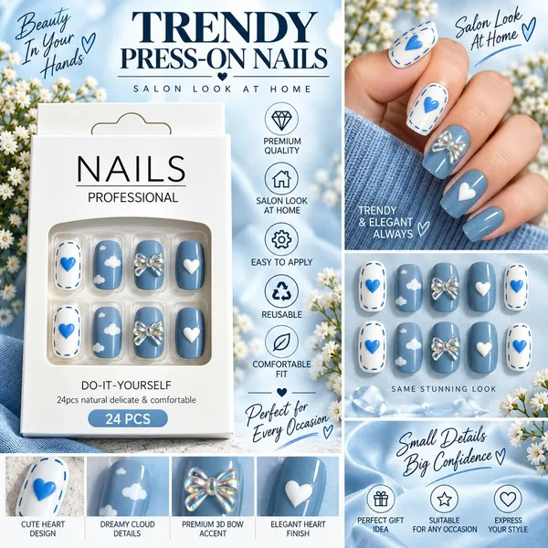24_Pcs_Blue_Heart_Bow_Press_On_Nails_For_Women_Cute_Cloud_Heart_Iridescent_Bow_Design_Artificial_Nails_Glossy_Trendy_Diy_Manicure_Nail_Set