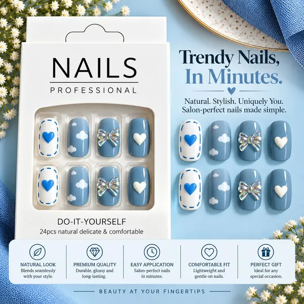 24_Pcs_Blue_Heart_Bow_Press_On_Nails_For_Women_Cute_Cloud_Heart_Iridescent_Bow_Design_Artificial_Nails_Glossy_Trendy_Diy_Manicure_Nail_Set